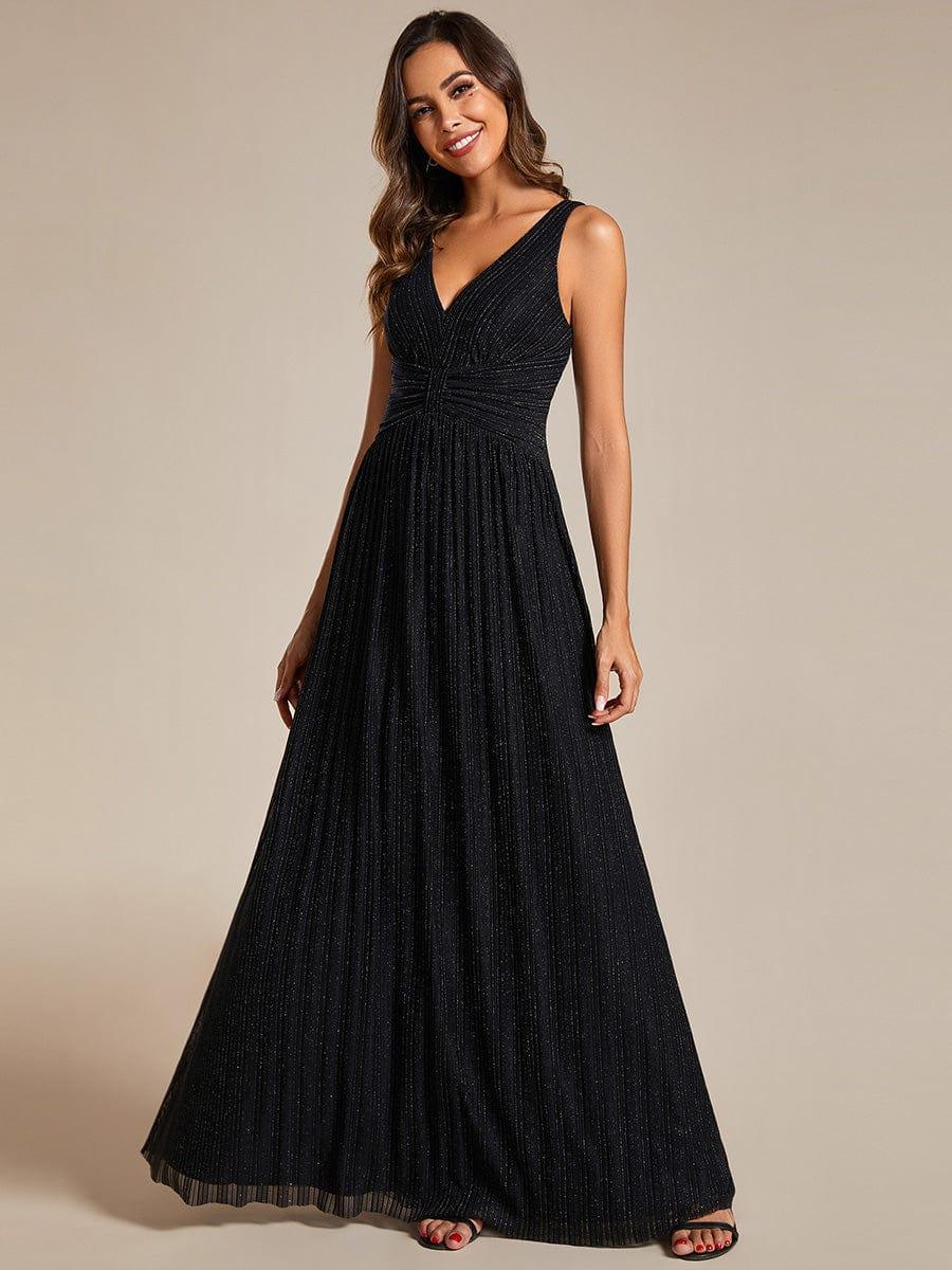 A-Line Empire-Waist V-Neck Sleeveless Glitter Pleated Long Formal Evening Dress