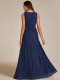 A-Line Empire-Waist V-Neck Sleeveless Glitter Pleated Long Formal Evening Dress