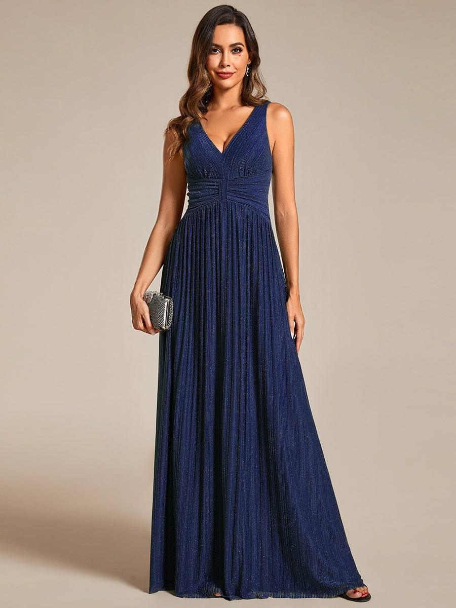 A-Line Empire-Waist V-Neck Sleeveless Glitter Pleated Long Formal Evening Dress
