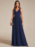 A-Line Empire-Waist V-Neck Sleeveless Glitter Pleated Long Formal Evening Dress