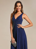 A-Line Empire-Waist V-Neck Sleeveless Glitter Pleated Long Formal Evening Dress