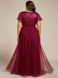 Empire-Waist Sparkly Pleated A-Line Short Sleeves V-Neck Tulle Formal Evening Dress