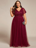Empire-Waist Sparkly Pleated A-Line Short Sleeves V-Neck Tulle Formal Evening Dress