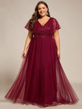 Plus Size A-Line Short Sleeves V-Neck Tulle Formal Evening Dress with Sequins