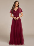 Empire-Waist Sparkly Pleated A-Line Short Sleeves V-Neck Tulle Formal Evening Dress