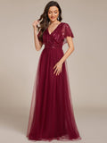 Empire-Waist Sparkly Pleated A-Line Short Sleeves V-Neck Tulle Formal Evening Dress