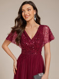 Empire-Waist Sparkly Pleated A-Line Short Sleeves V-Neck Tulle Formal Evening Dress