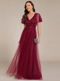 Empire-Waist Sparkly Pleated A-Line Short Sleeves V-Neck Tulle Formal Evening Dress