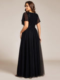 Plus Size A-Line Short Sleeves V-Neck Tulle Formal Evening Dress with Sequins