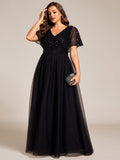 Plus Size A-Line Short Sleeves V-Neck Tulle Formal Evening Dress with Sequins
