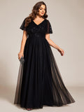 Plus Size A-Line Short Sleeves V-Neck Tulle Formal Evening Dress with Sequins