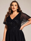 Empire-Waist Sparkly Pleated A-Line Short Sleeves V-Neck Tulle Formal Evening Dress