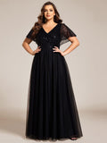 Empire-Waist Sparkly Pleated A-Line Short Sleeves V-Neck Tulle Formal Evening Dress
