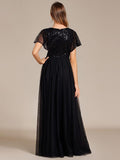 Empire-Waist Sparkly Pleated A-Line Short Sleeves V-Neck Tulle Formal Evening Dress