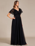 Empire-Waist Sparkly Pleated A-Line Short Sleeves V-Neck Tulle Formal Evening Dress