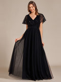 Empire-Waist Sparkly Pleated A-Line Short Sleeves V-Neck Tulle Formal Evening Dress