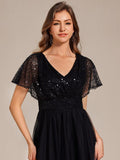 Empire-Waist Sparkly Pleated A-Line Short Sleeves V-Neck Tulle Formal Evening Dress