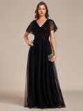 Empire-Waist Sparkly Pleated A-Line Short Sleeves V-Neck Tulle Formal Evening Dress
