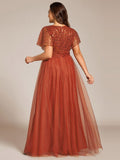Plus Size A-Line Short Sleeves V-Neck Tulle Formal Evening Dress with Sequins