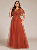 Plus Size A-Line Short Sleeves V-Neck Tulle Formal Evening Dress with Sequins
