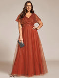 Empire-Waist Sparkly Pleated A-Line Short Sleeves V-Neck Tulle Formal Evening Dress