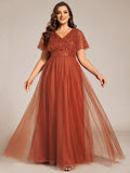 Plus Size A-Line Short Sleeves V-Neck Tulle Formal Evening Dress with Sequins