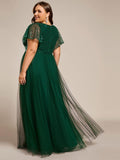 Plus Size A-Line Short Sleeves V-Neck Tulle Formal Evening Dress with Sequins