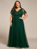 Plus Size A-Line Short Sleeves V-Neck Tulle Formal Evening Dress with Sequins