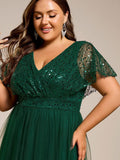 Plus Size A-Line Short Sleeves V-Neck Tulle Formal Evening Dress with Sequins