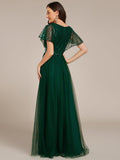 Empire-Waist Sparkly Pleated A-Line Short Sleeves V-Neck Tulle Formal Evening Dress