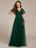 Empire-Waist Sparkly Pleated A-Line Short Sleeves V-Neck Tulle Formal Evening Dress