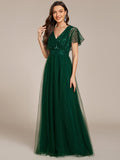 Empire-Waist Sparkly Pleated A-Line Short Sleeves V-Neck Tulle Formal Evening Dress