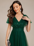 Empire-Waist Sparkly Pleated A-Line Short Sleeves V-Neck Tulle Formal Evening Dress