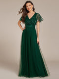 Empire-Waist Sparkly Pleated A-Line Short Sleeves V-Neck Tulle Formal Evening Dress
