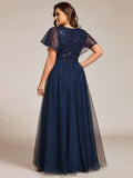 Plus Size A-Line Short Sleeves V-Neck Tulle Formal Evening Dress with Sequins