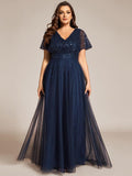 Plus Size A-Line Short Sleeves V-Neck Tulle Formal Evening Dress with Sequins