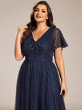 Plus Size A-Line Short Sleeves V-Neck Tulle Formal Evening Dress with Sequins
