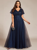 Empire-Waist Sparkly Pleated A-Line Short Sleeves V-Neck Tulle Formal Evening Dress