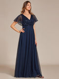 Empire-Waist Sparkly Pleated A-Line Short Sleeves V-Neck Tulle Formal Evening Dress