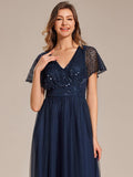 Empire-Waist Sparkly Pleated A-Line Short Sleeves V-Neck Tulle Formal Evening Dress