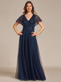 Empire-Waist Sparkly Pleated A-Line Short Sleeves V-Neck Tulle Formal Evening Dress