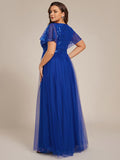 Plus Size A-Line Short Sleeves V-Neck Tulle Formal Evening Dress with Sequins