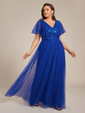 Plus Size A-Line Short Sleeves V-Neck Tulle Formal Evening Dress with Sequins