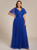 Empire-Waist Sparkly Pleated A-Line Short Sleeves V-Neck Tulle Formal Evening Dress