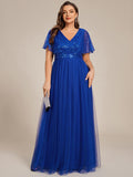 Empire-Waist Sparkly Pleated A-Line Short Sleeves V-Neck Tulle Formal Evening Dress