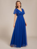Empire-Waist Sparkly Pleated A-Line Short Sleeves V-Neck Tulle Formal Evening Dress