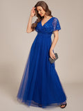 Empire-Waist Sparkly Pleated A-Line Short Sleeves V-Neck Tulle Formal Evening Dress