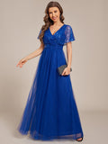 Empire-Waist Sparkly Pleated A-Line Short Sleeves V-Neck Tulle Formal Evening Dress