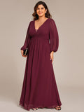 V-Neck Plus Size A-Line Pleated Long Sleeves Chiffon Formal Evening Dress