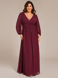 V-Neck Plus Size A-Line Pleated Long Sleeves Chiffon Formal Evening Dress
